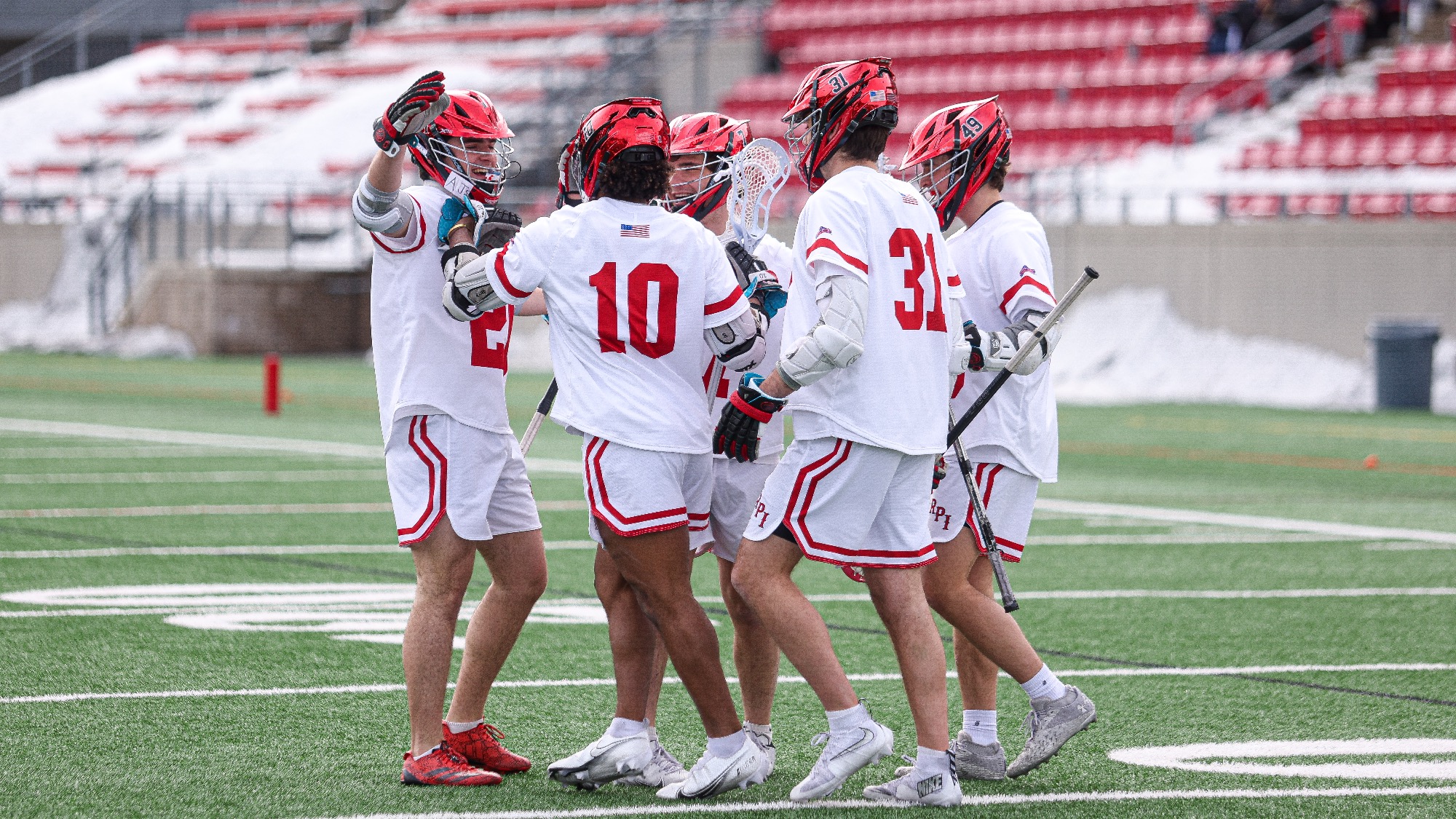 The RPI Men's Lacrosse team in celebration versus MIT on Saturday, March 7, 2026 in Troy, New York.