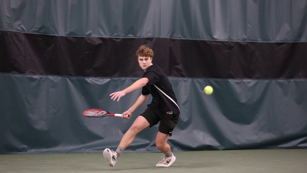 Felix Puyplat of the 2025-26 RPI Men's Tennis roster in action versus Middlebury on Saturday, February 28, 2026 in Latham, New York