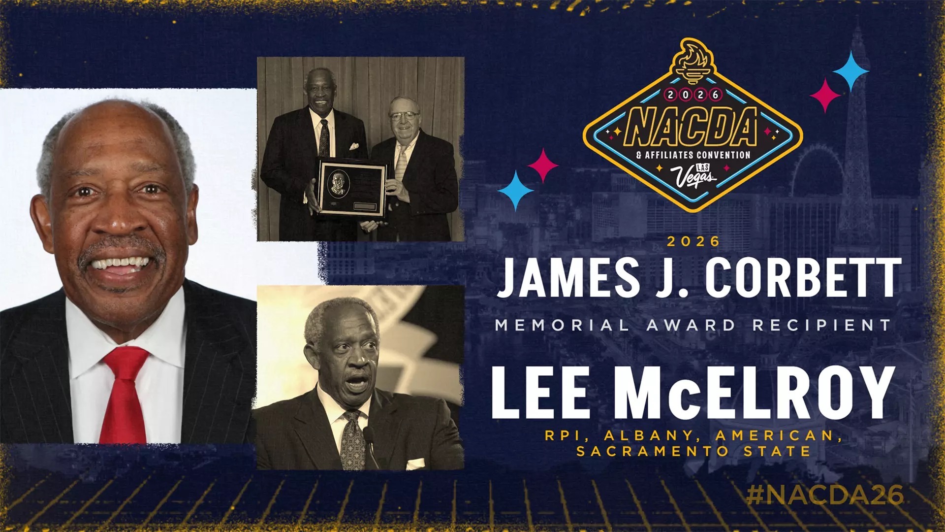 Graphic Honoring Dr. Lee McElroy as NACDA's James J. Corbett Memorial Award winner
