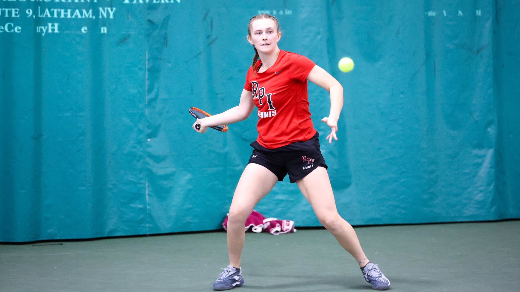 Nicole Ridenour of the RPI Women’s Tennis team in action versus Skidmore on Saturday April 4 2026 in Latham New York. 