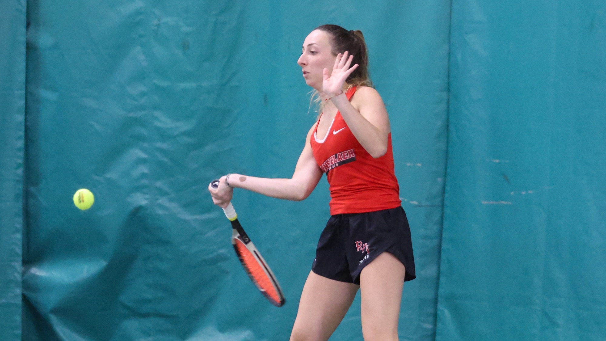 Juliette Ceas of the RPI Women’s Tennis team in action versus Skidmore on Saturday April 4 2026 in Latham New York. 