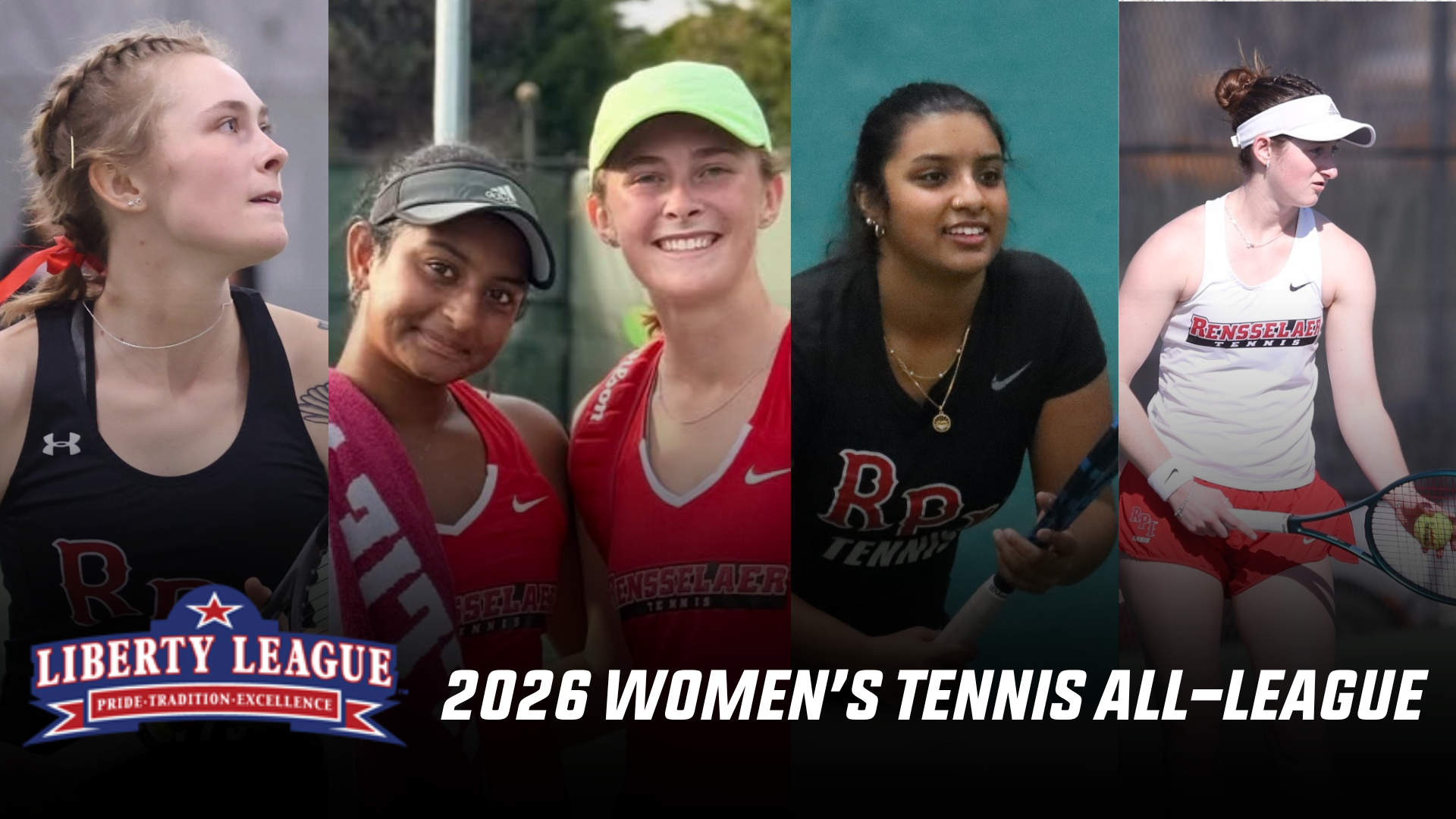 Graphic for the 2026 Liberty League women's tennis all-league announcement