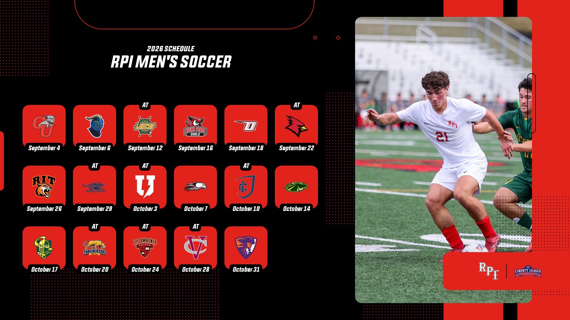 2026 RPI Men's Soccer schedule graphic.