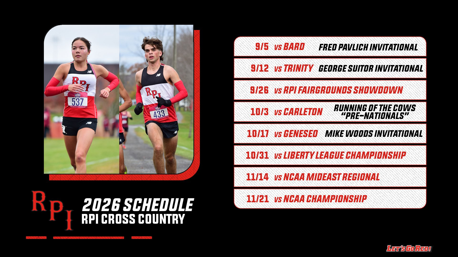 Graphic for the 2026 RPI women's and men's cross country schedules