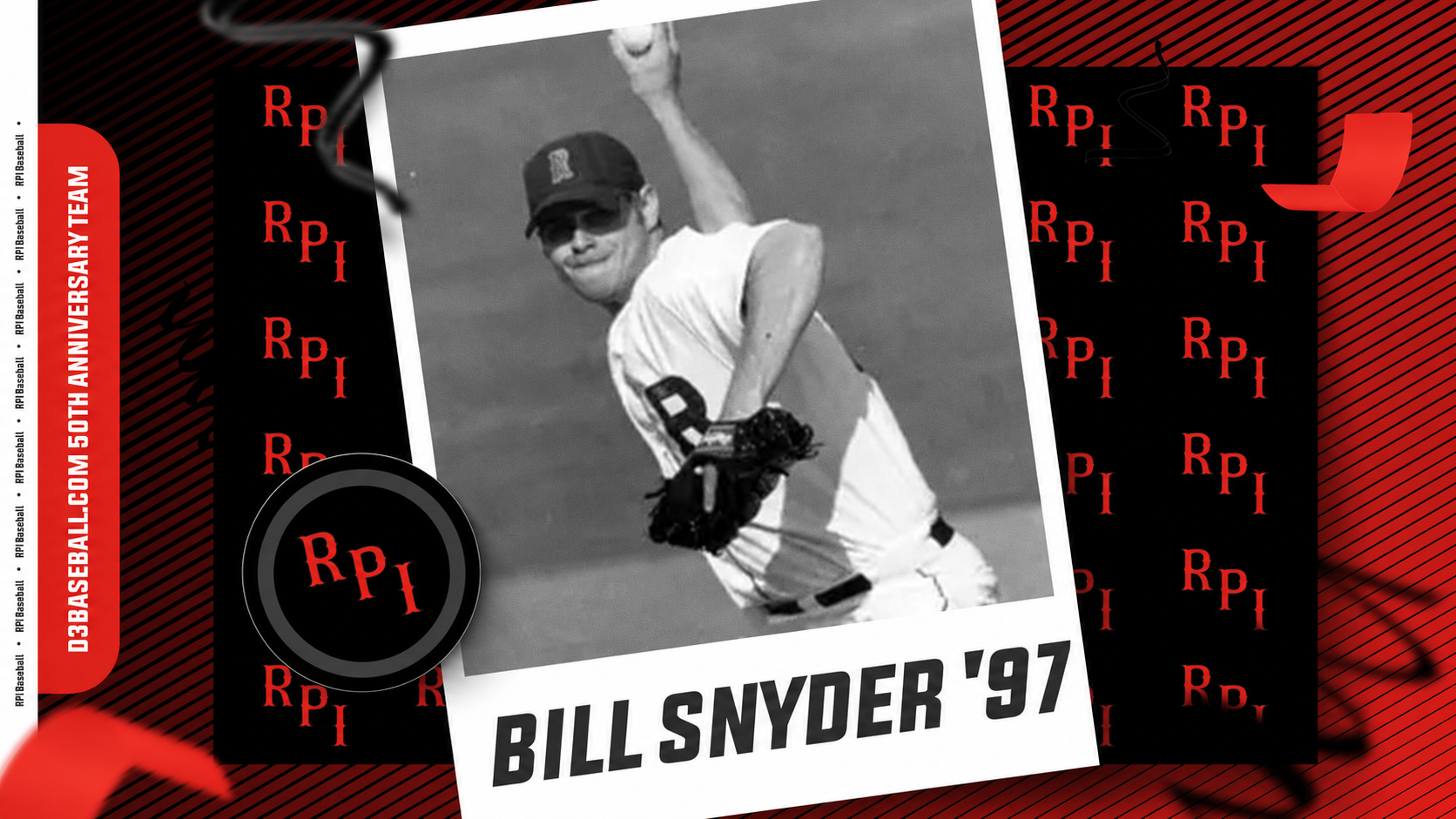 Graphic for Bill Snyder '97 being announced to the D3baseball.com 50th Anniversary Team.