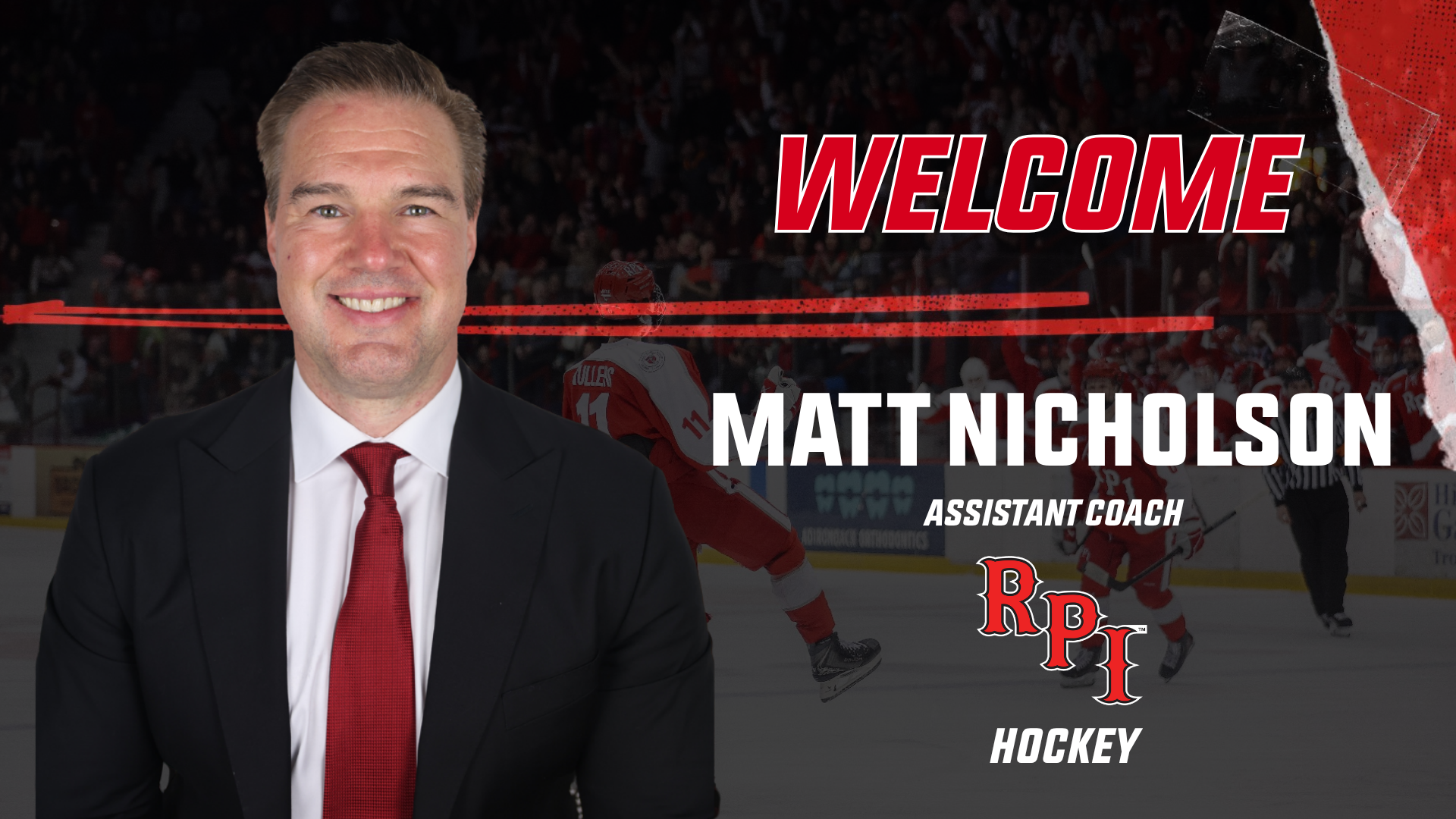 Graphic announcing the hiring of Matt Nicholson as men's hockey assistant coach