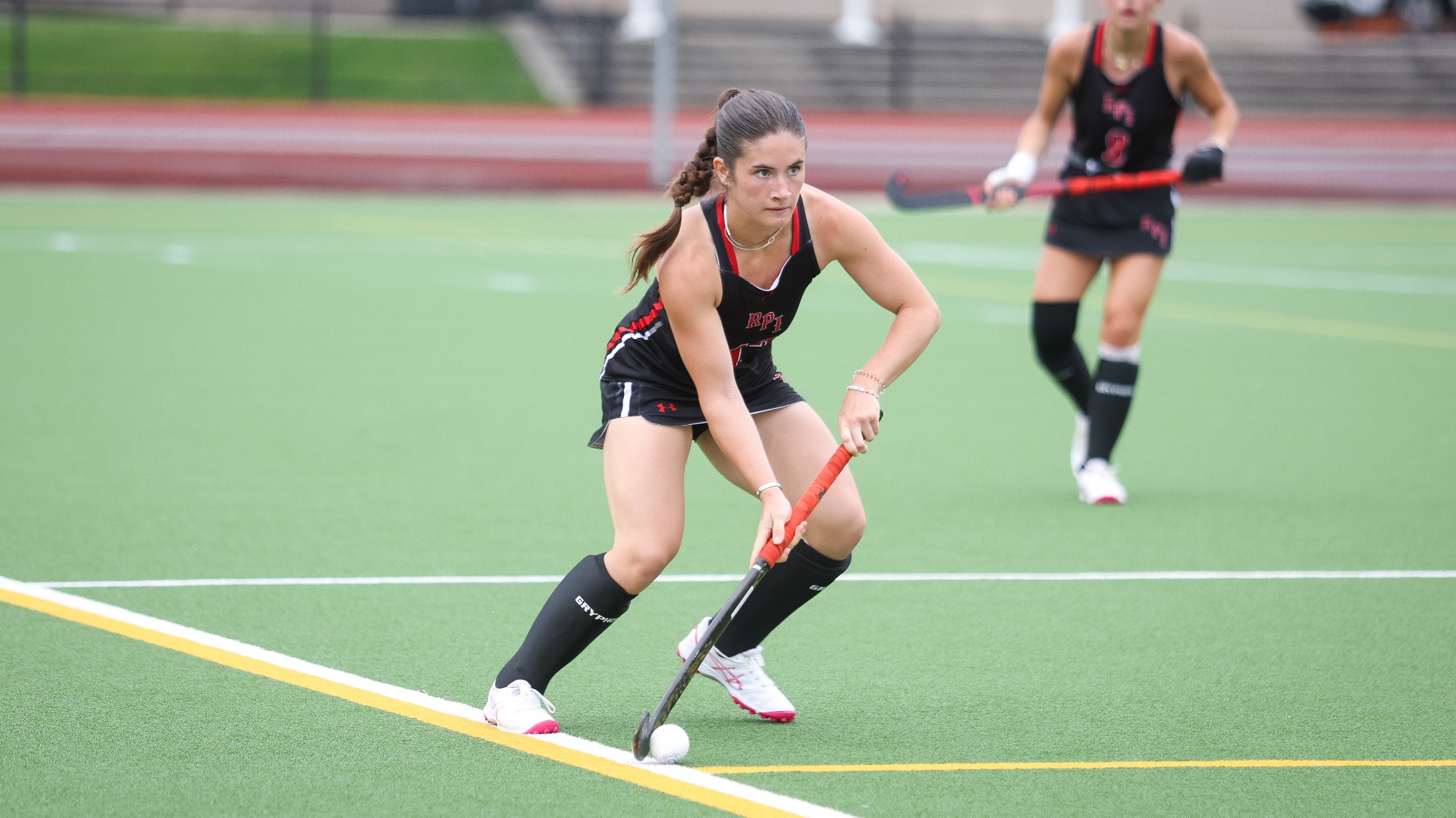 Ella Downing of the RPI Field Hockey team in action versus SUNY Geneseo on Tuesday, September 1, 2025 in Troy, New York.
