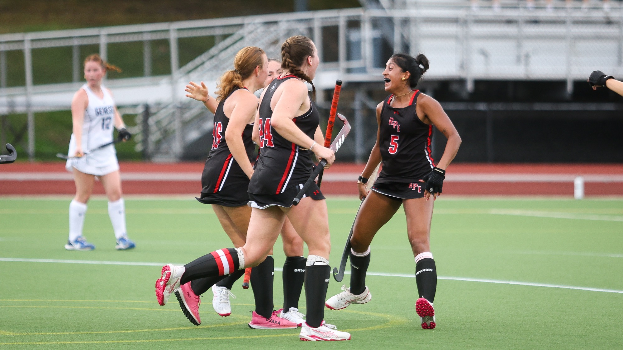 RPI Field Hockey team in celebration versus SUNY Geneseo on Tuesday, September 1, 2025 in Troy, New York.