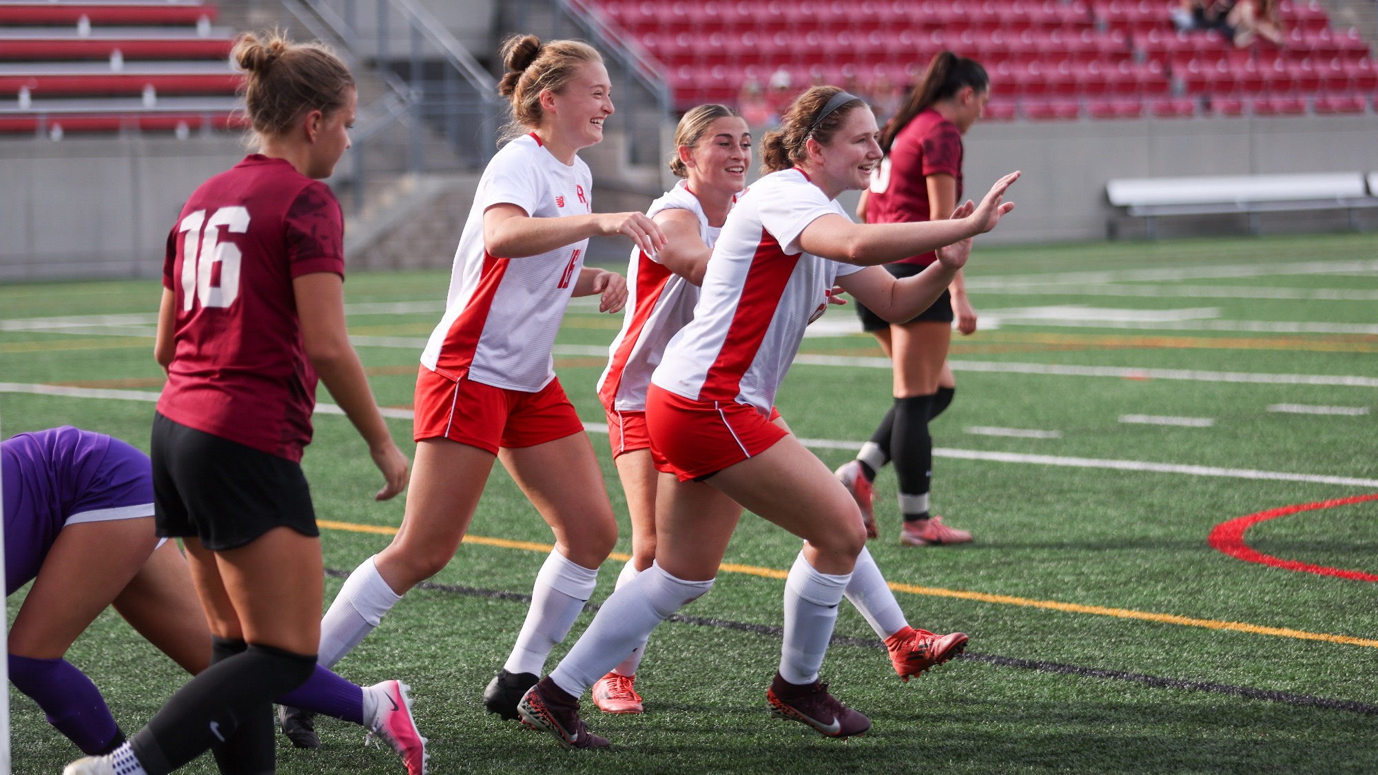 Ava Davey, Maddy Kaminski and Delaney McMorris of RPI Women's Soccer in action versus Potsdam on Saturday, September 12, 2026 in Troy, New York.
