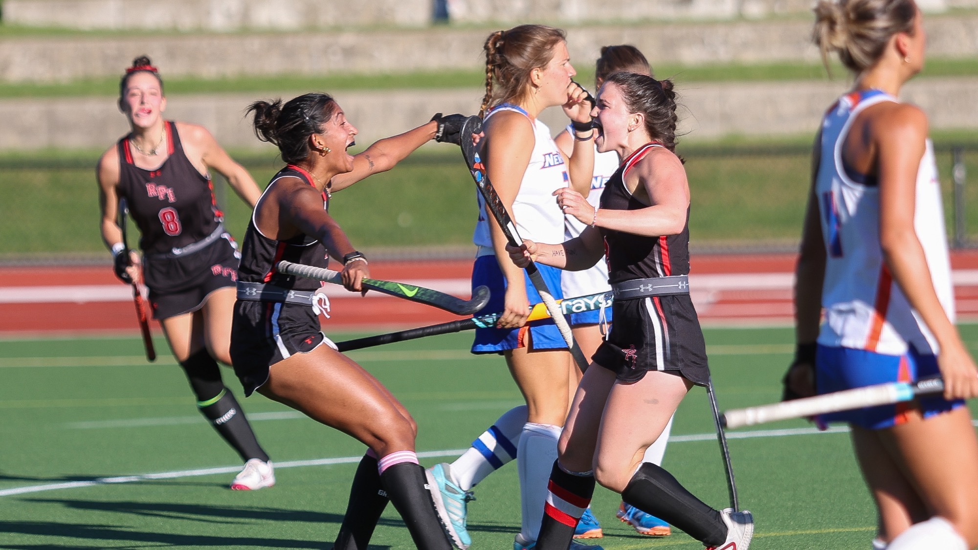 Ria Patel and Katie Galgay of the RPI Field Hockey team in action versus new Paltz on Wednesday, September 23, 2026 in Troy New York