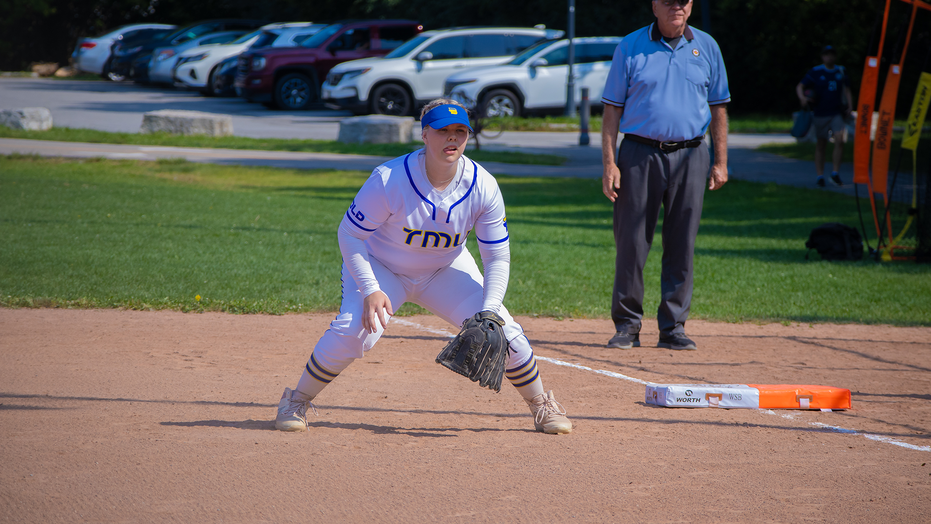 Action Shot of TMU Softball's First Baseman