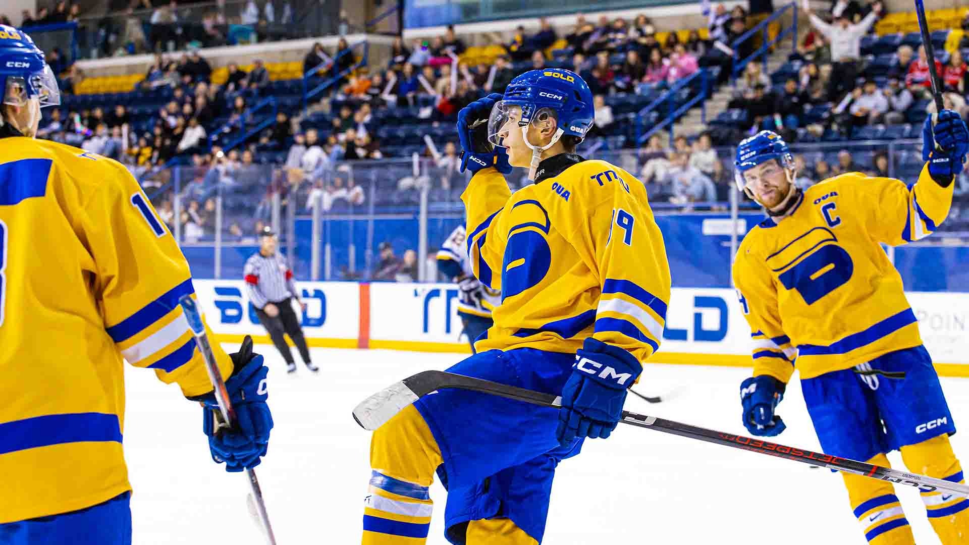 Marko Djordjevic celebrates after scoring a goal against the Lakehead Thunderwolves