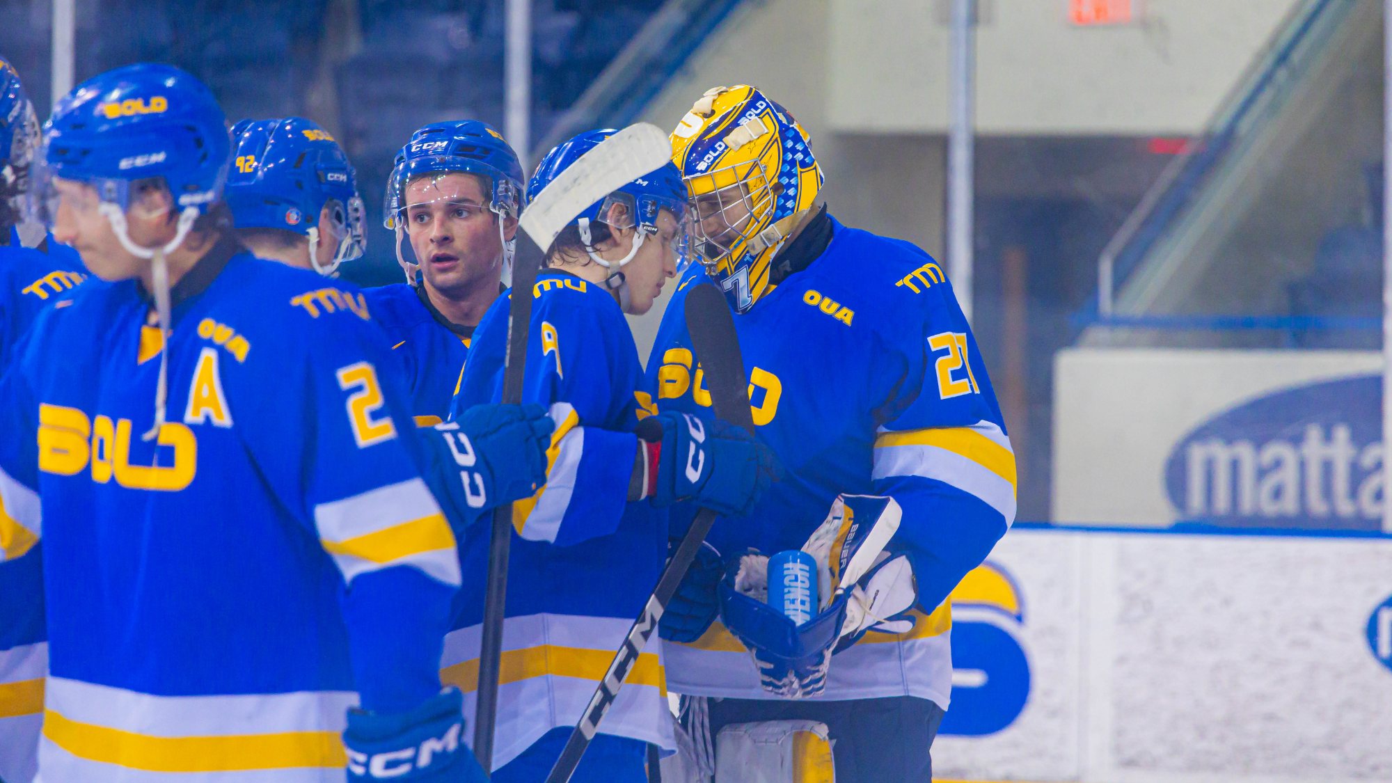 Bold players celebrate with goaltender Kai Edmonds