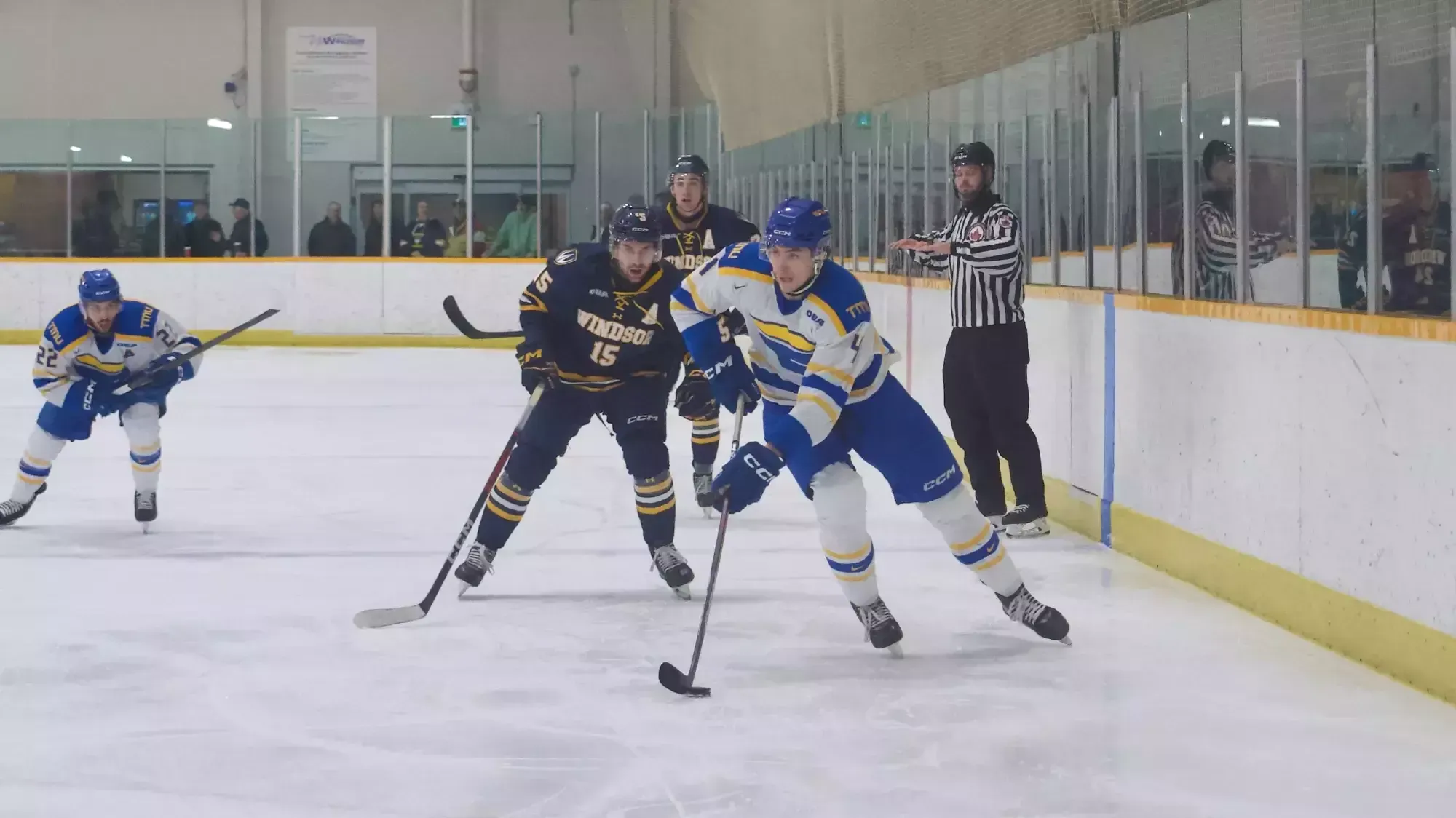 Hunter Donohoe skates with the puck against Windsor