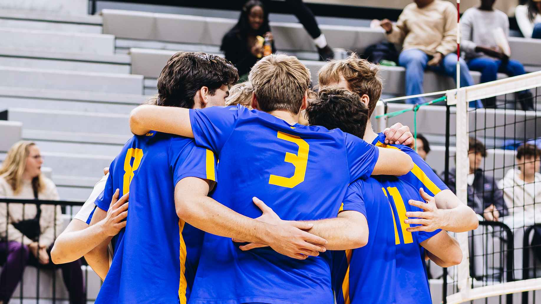 Bold men's volleyball players huddle