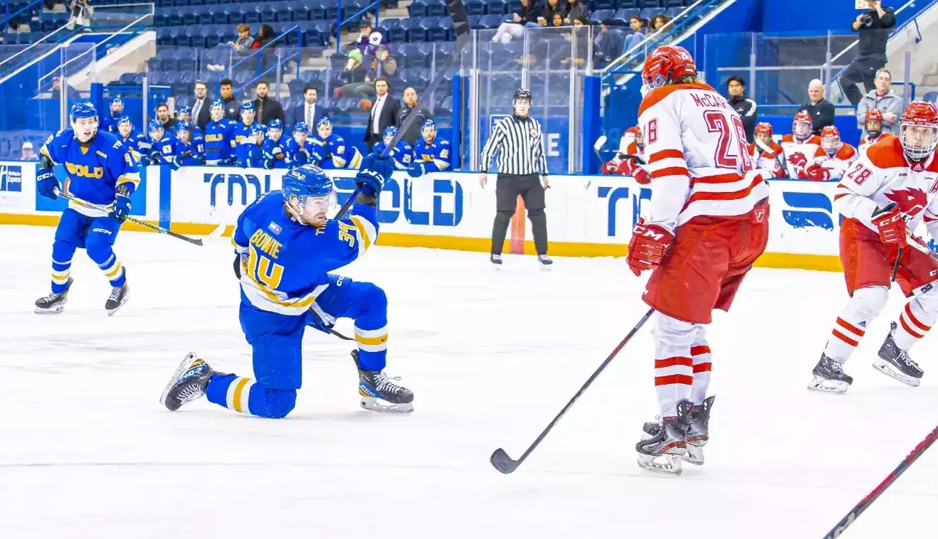 Connor Bowie shoots the puck against York