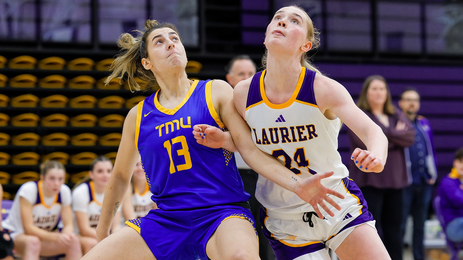 Alex Pino battles for position against the Laurier Golden Hawks