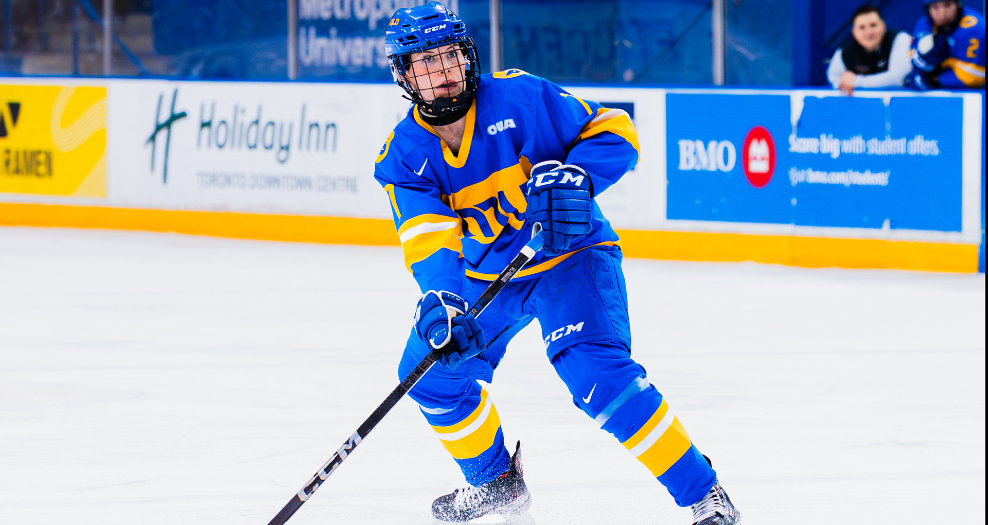 TMU Bold's Jayden Fox patrols the blue line against the Carleton Ravens. 