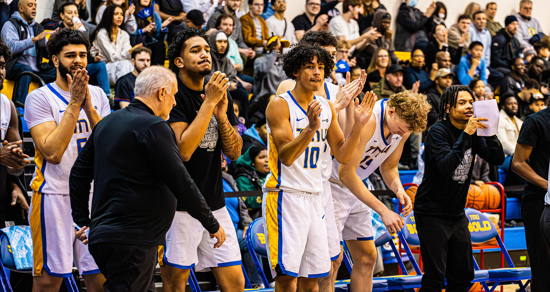 TMU Bold men's basketball team's bench during their playoff game against the Guelph Gryphons.