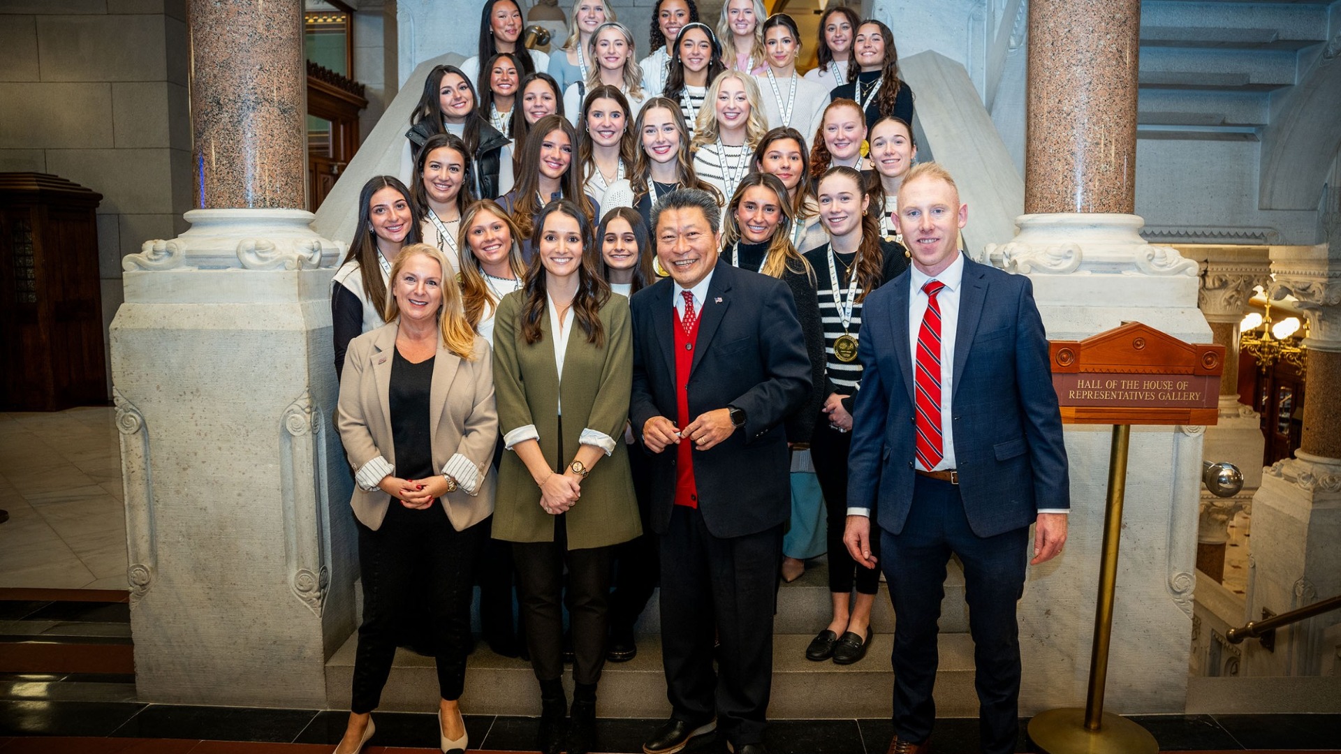 Sacred Heart University Cheerleading visits the Connecticut State Capitol as they are honored after securing a fifth national title, Tuesday, Jan. 28, 2025 in Hartford, Connecticut. (Photo by Daniel Passapera)
