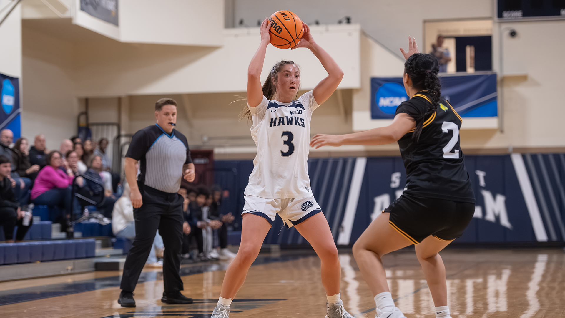 Elise MacNair holding the ball against Felician