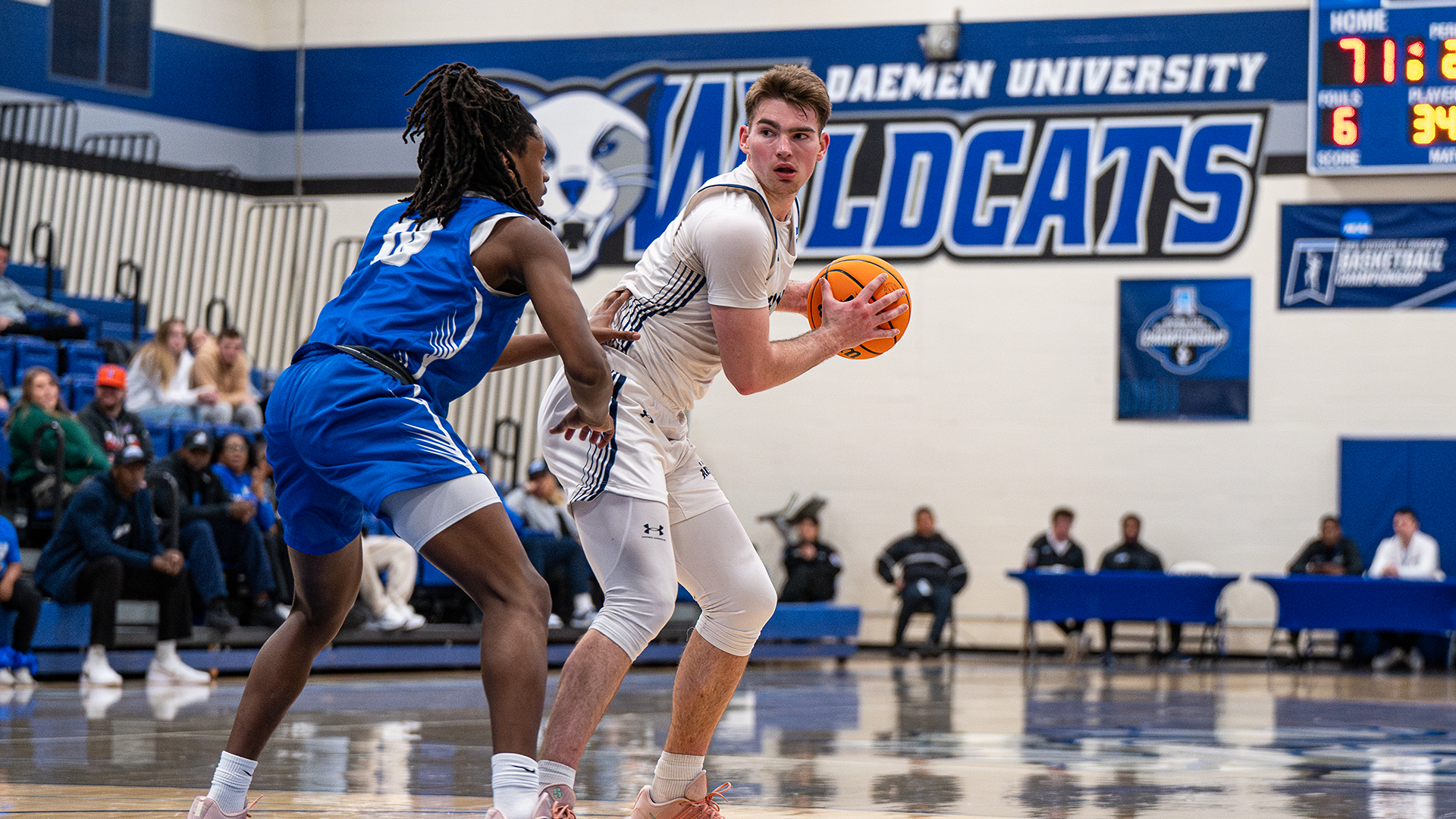 Jack Medalie backs down Assumption defender at NCAA First Round