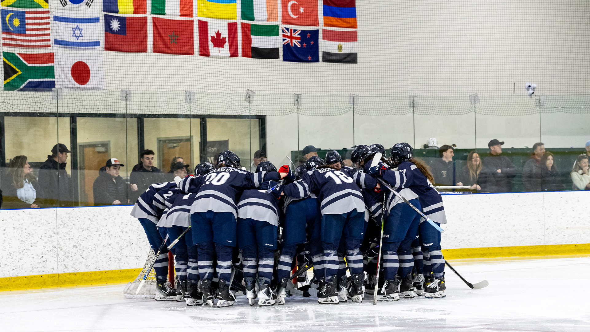Women's ice hockey team huddles around net