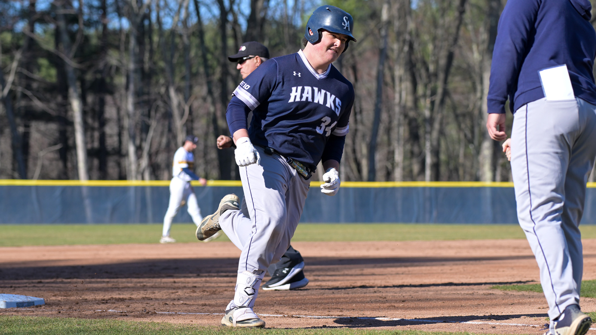 Slauson celebrates home run with third base coach