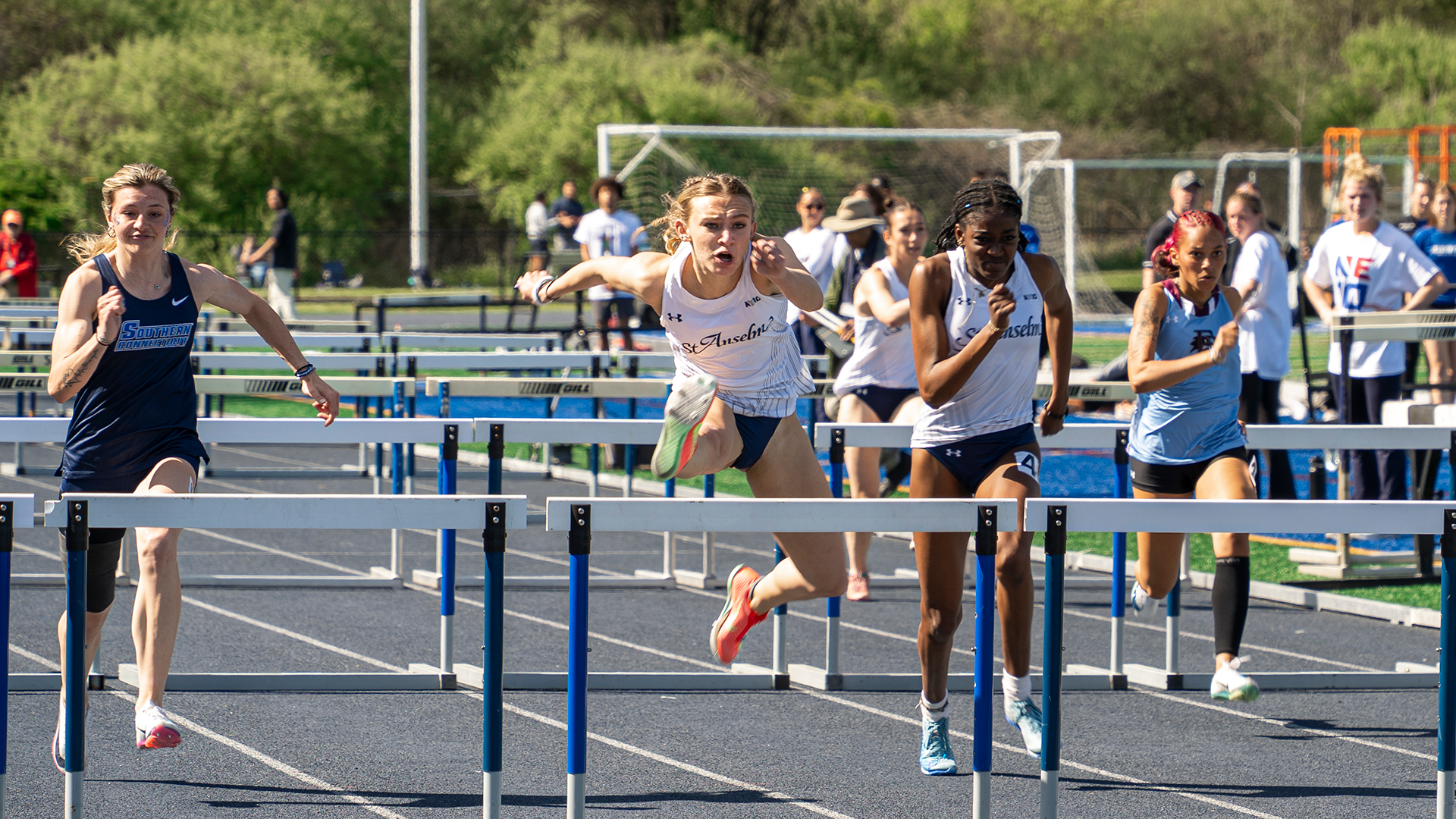 Reese Nicolosi competing in hurdles at NE10 Outdoor Championship