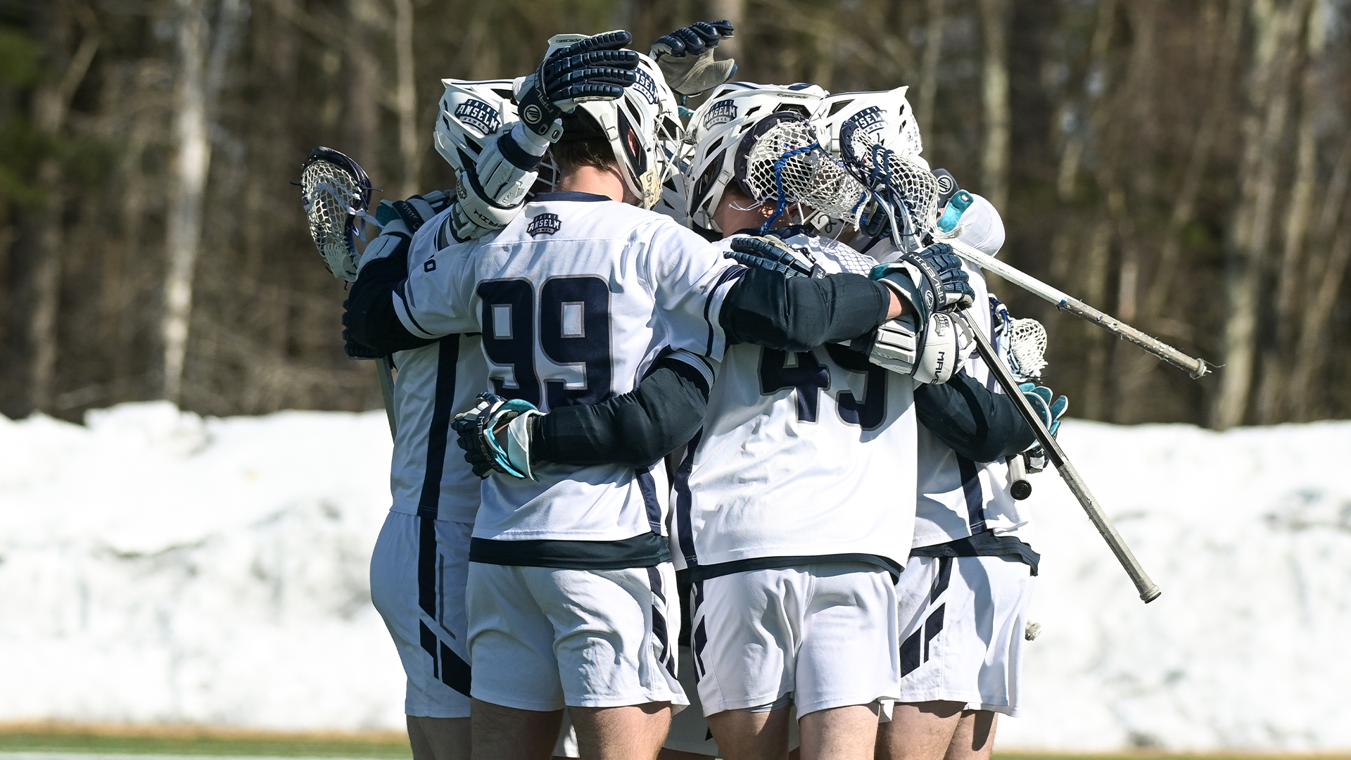 Men's lacrosse players celebrate goal