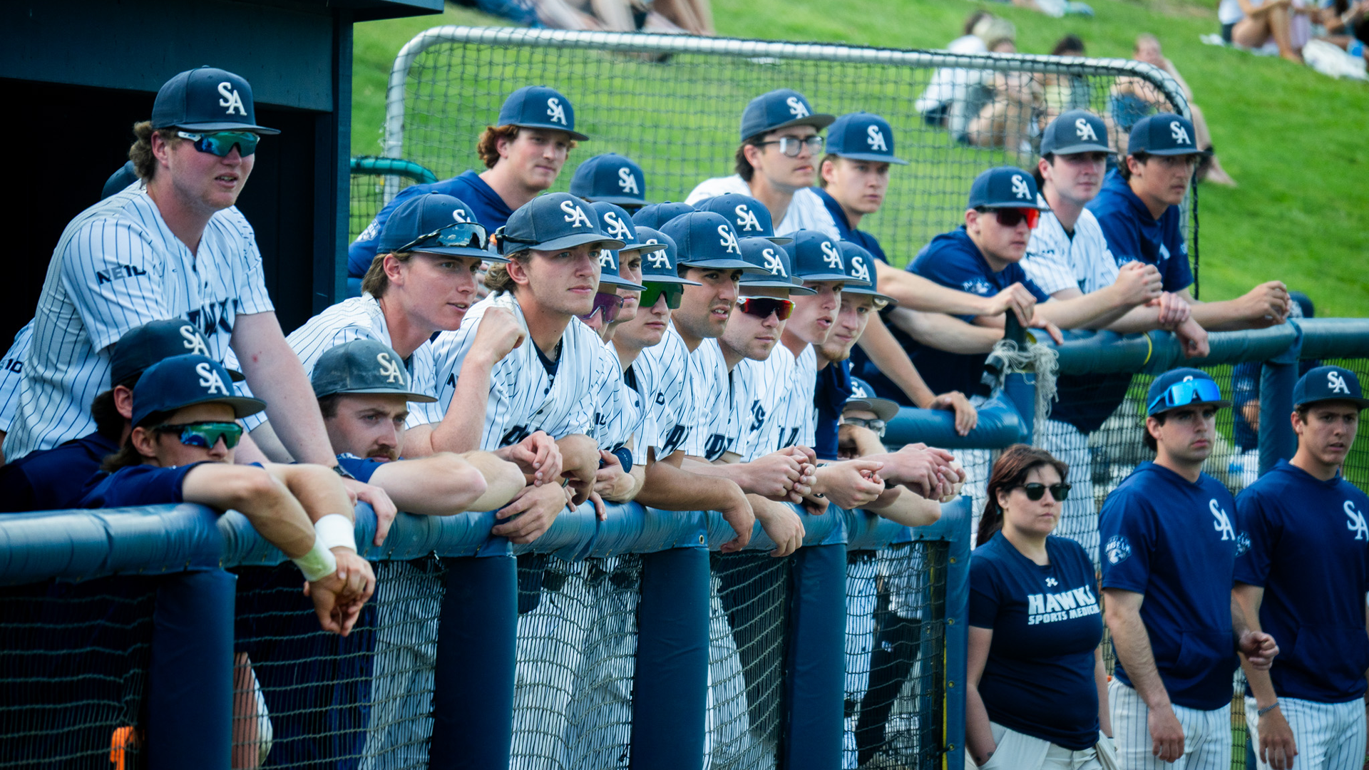 Baseball team looks on from dugout