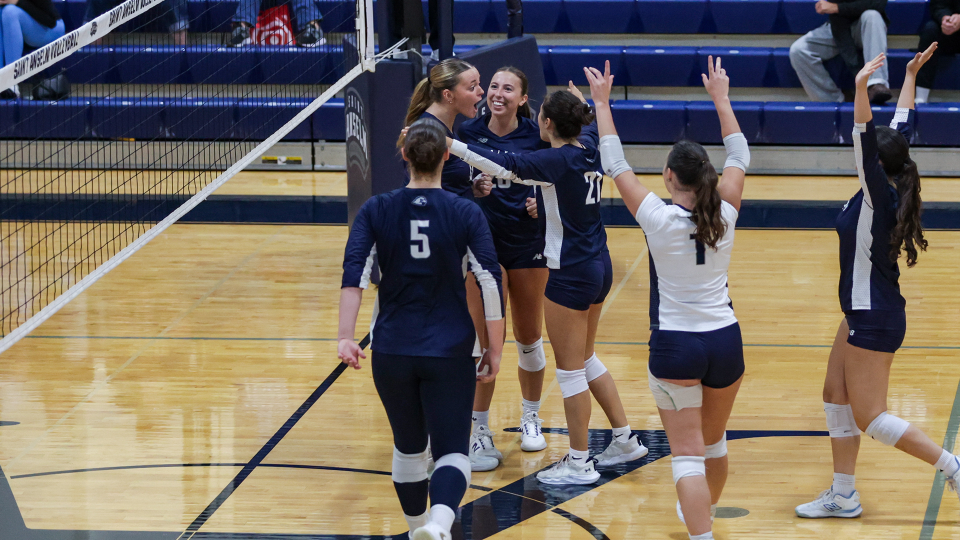 Hawks celebrate point in front of the net at Volleyball