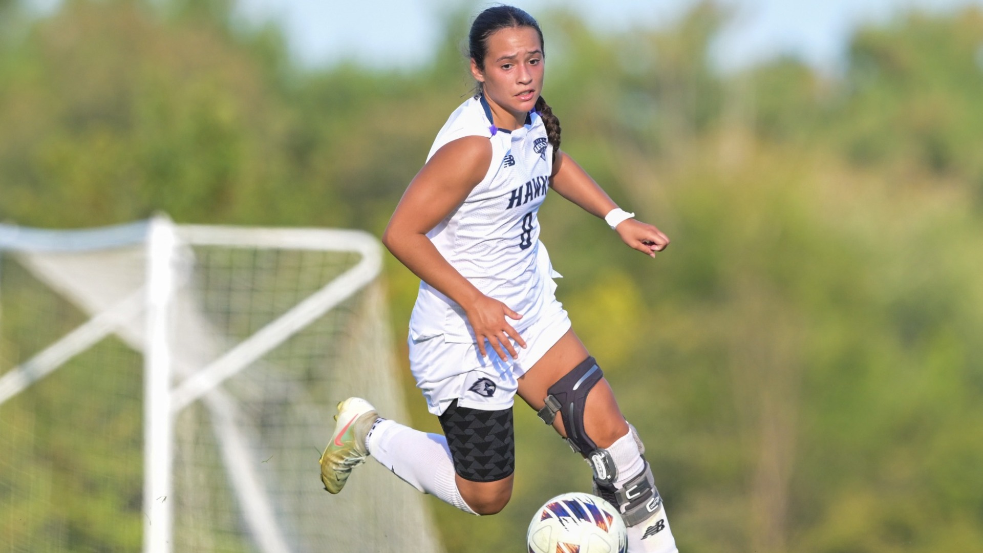 Amarys Jimenez dribbles the ball upfield during Saint Anselm women’s soccer’s match against Jefferson at Melucci Field.