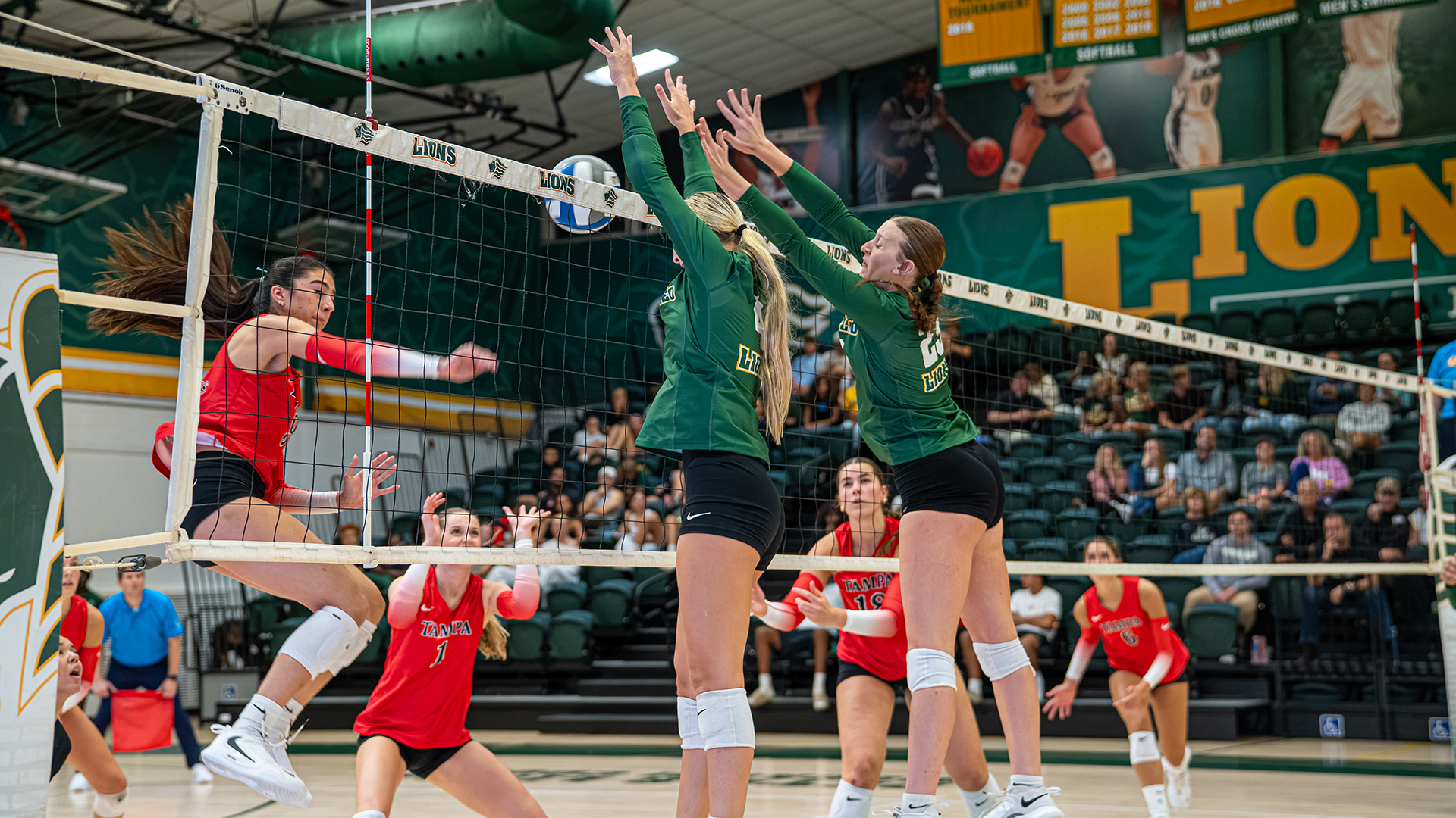 Reagan Lyerla and Emma LeTourneau posting a block against #3 Tampa