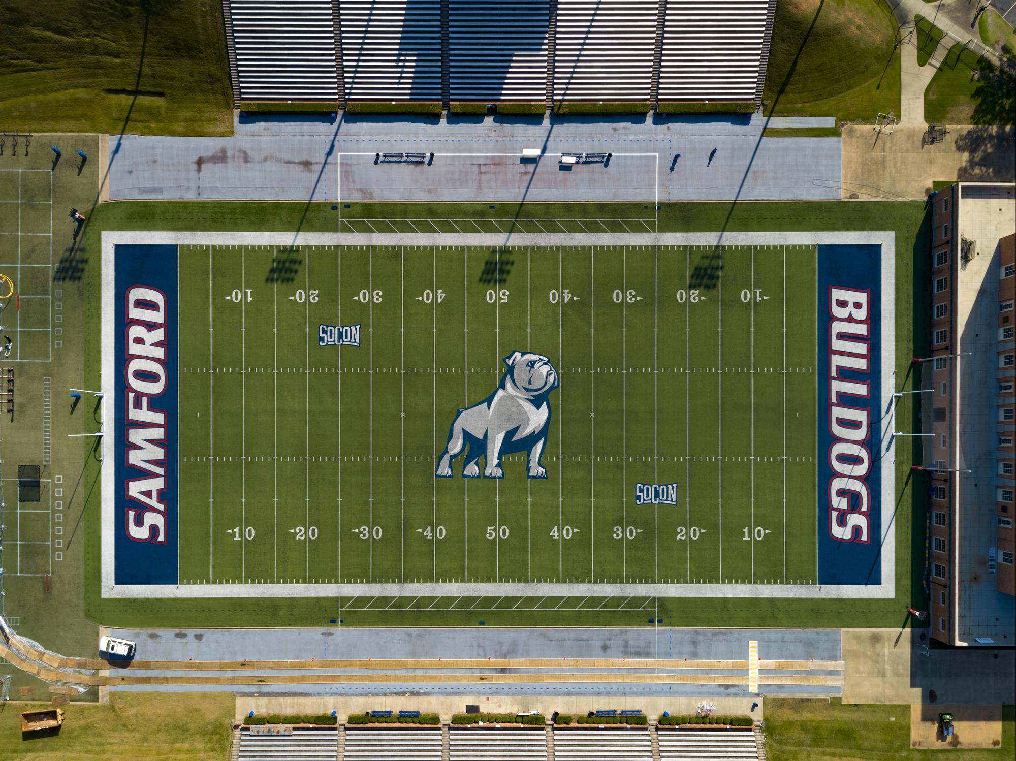 Football field with logos