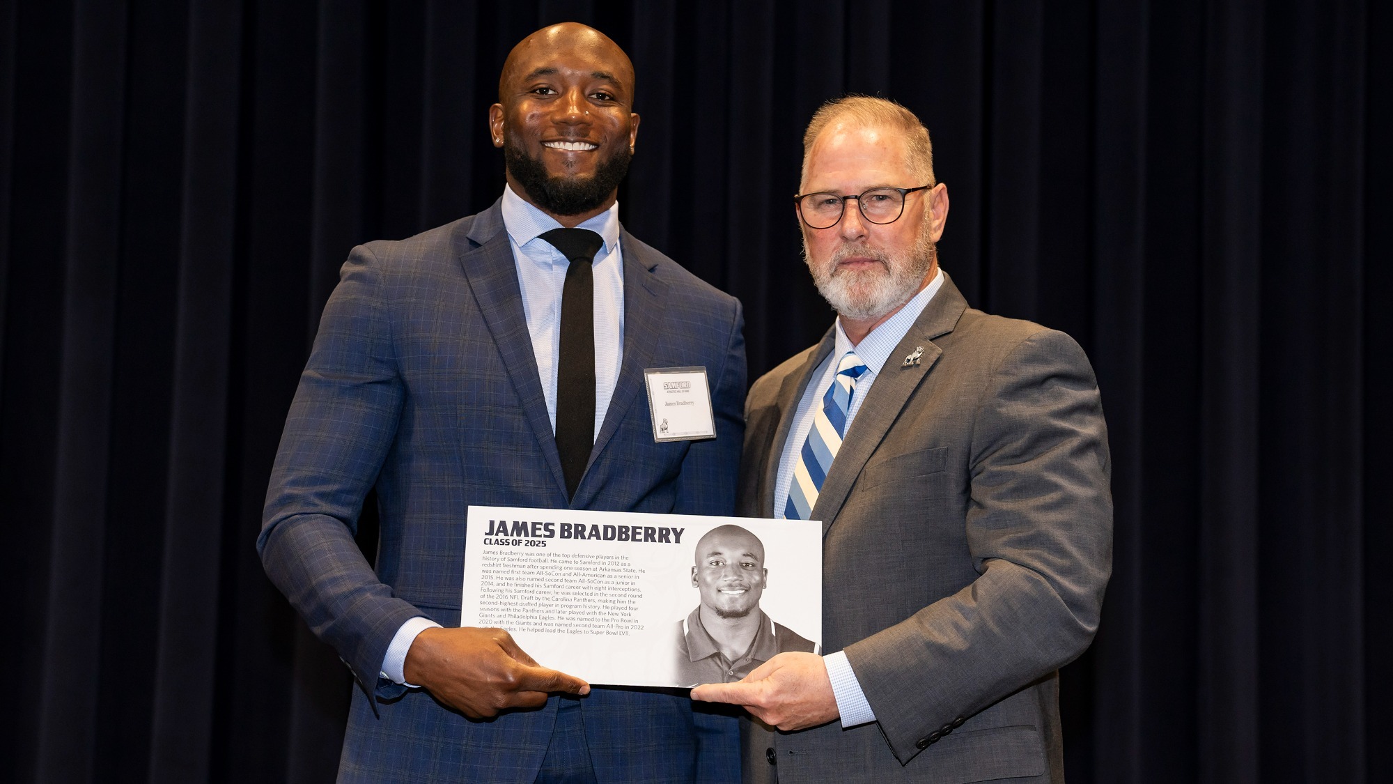 James Bradberry with 2025 Hall of Fame plaque