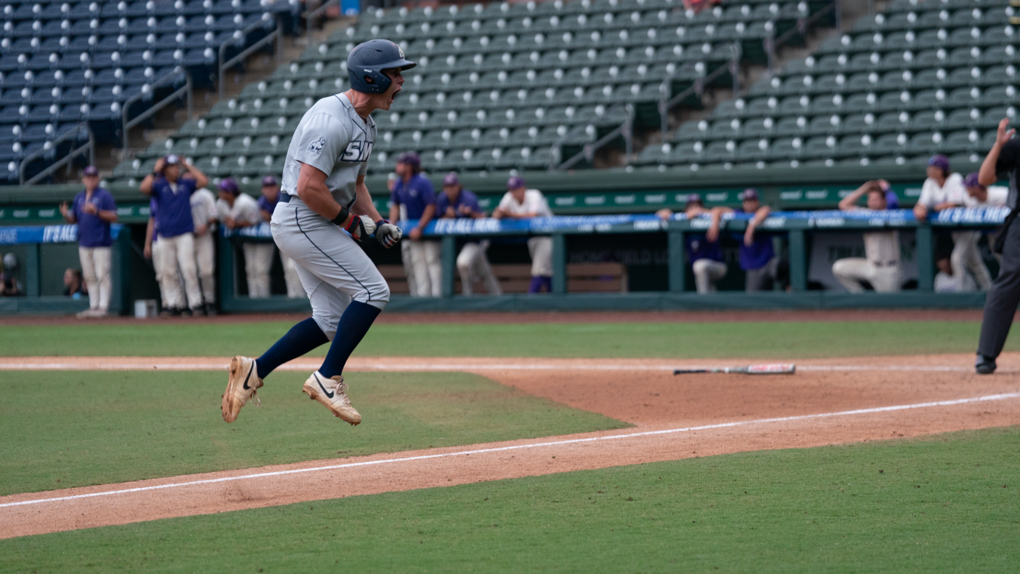 Jackson Harris celebrates a HR vs Western Carolina in 2026 SoCon Tournament