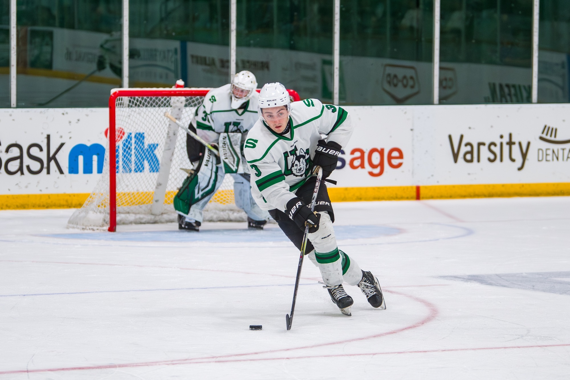 as the University of Saskatchewan Huskies take on the Mount Royal Cougars Canada West Men’s Hockey action in Saskatoon, SK, October 3, 2025.Photo Electric Umbrella/Liam Richards