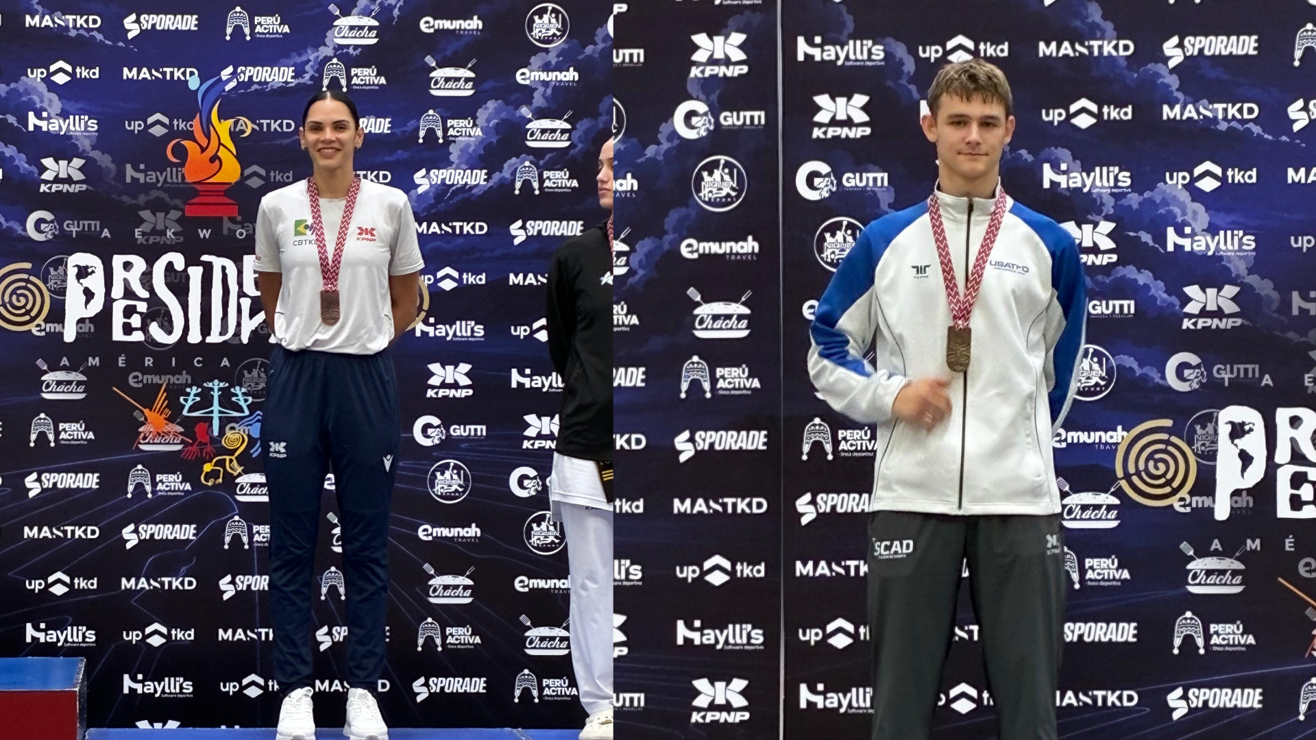Caroline Gomes Dos Santos and Victor Rodriguez pose on the podium.