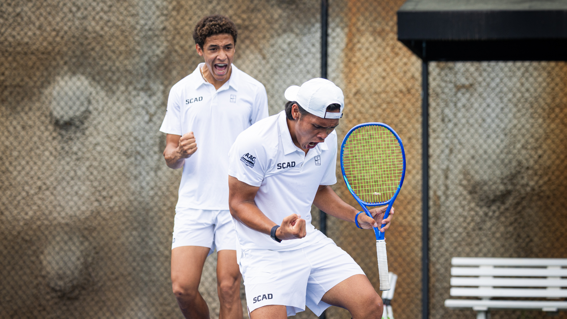 Firas Ben Chouikha and Joewyn Pascua celebrate while playing against Tennessee Wesleyan. 