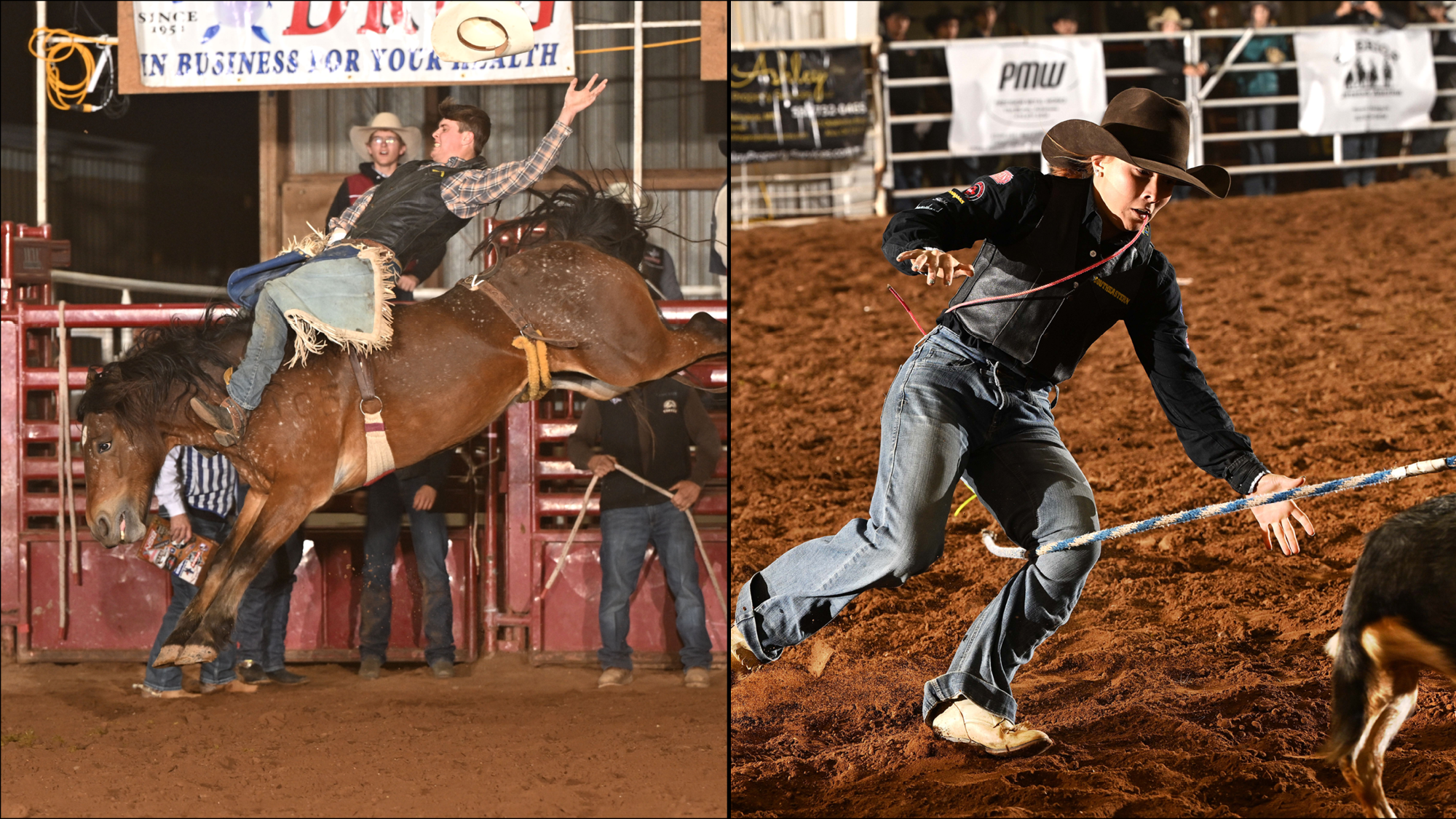 Left is Cole Kerner competing in the bareback riding. Right is Kayleah Hurst in the goat tying.