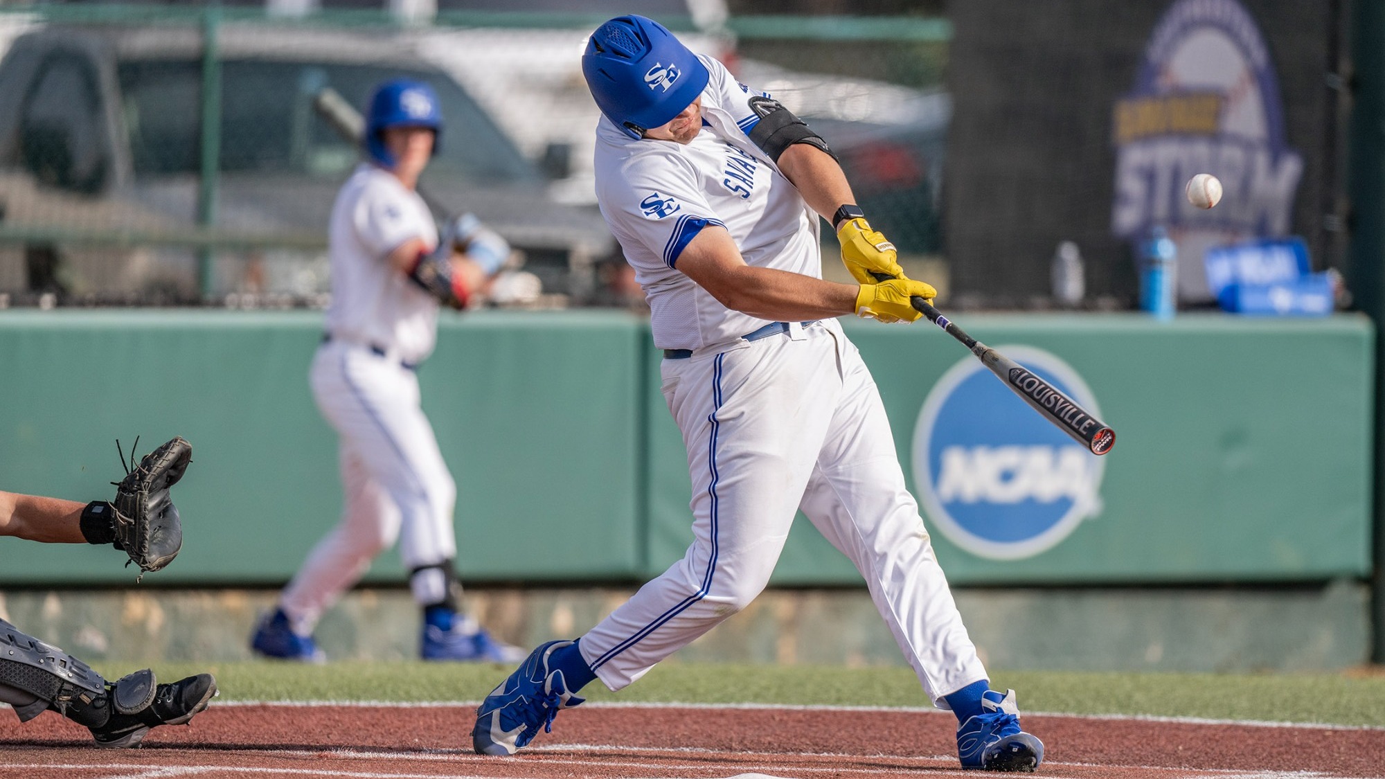 Carter Olson swings during an at bat versus Ouachita Baptist