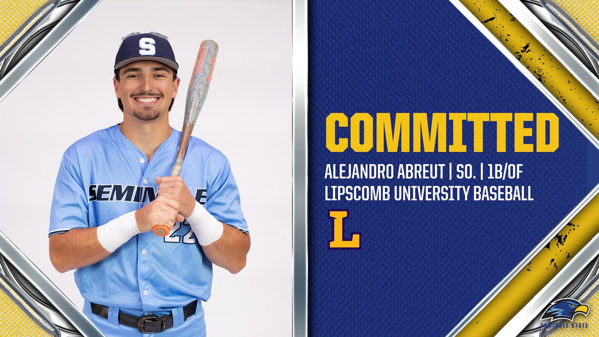 Picture of athlete holding bat announcing commitment