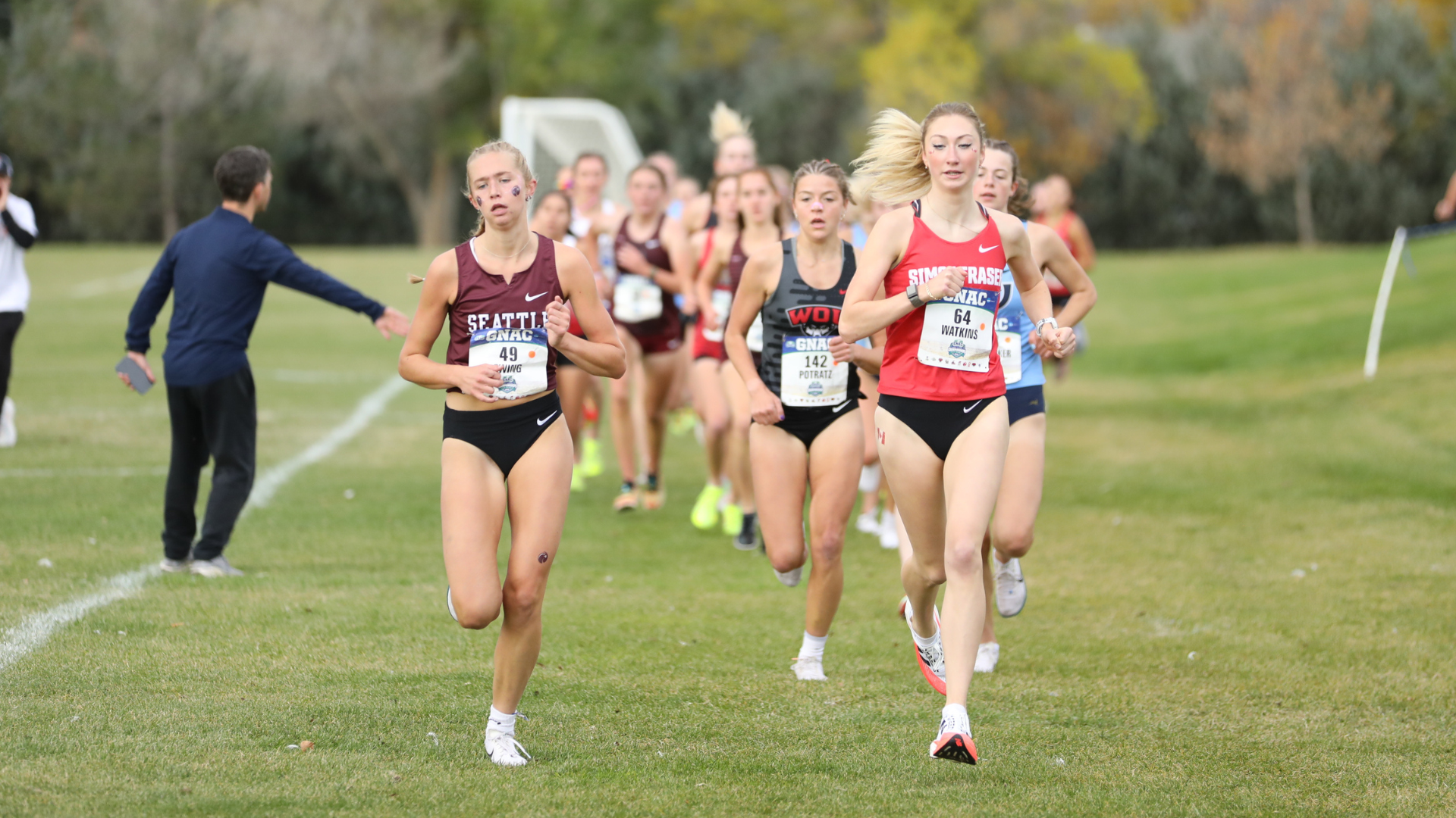 Rachael Watkins leads the pack during the GNAC Championships Cross Country race.