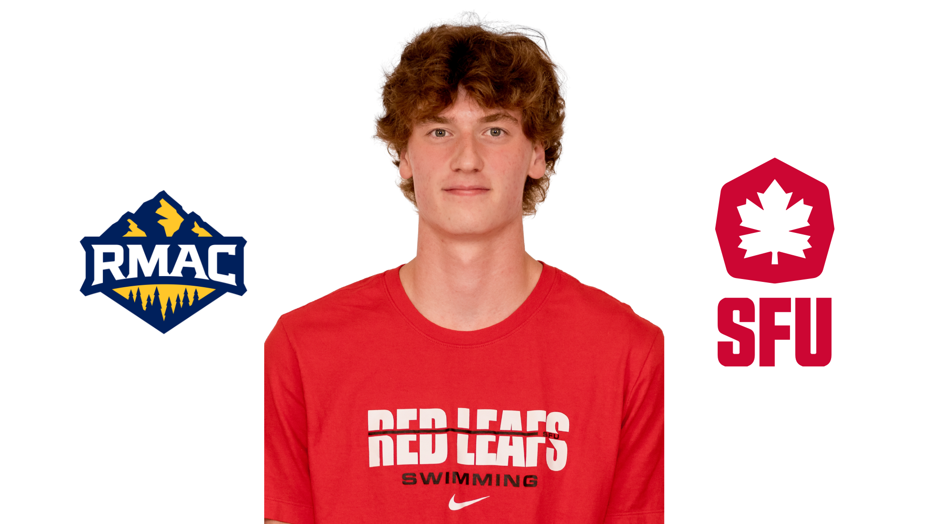 Evan Vellescig headshot beside RMAC & SFU Icons for Weekly Swimming Honours