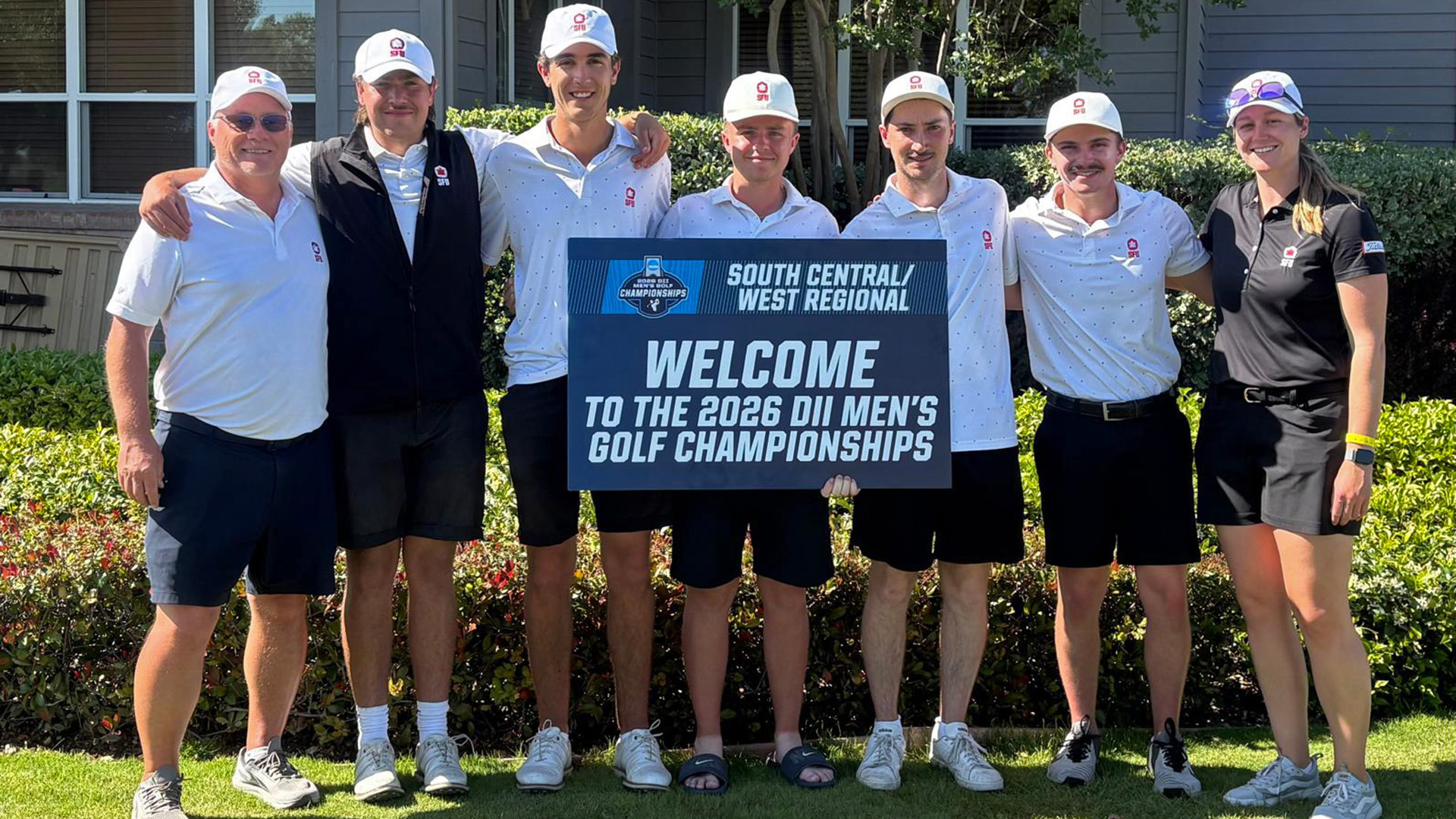 SFU Men's Golf at 2026 NCAA West / South Central Regional, May 9, 2026, from left to right: Trevor Van Hoof, Max Corcoran, Brndan O'Brien, Ben Buchner, Denby Carswell, Justin Bjornson and Krysta Schaus