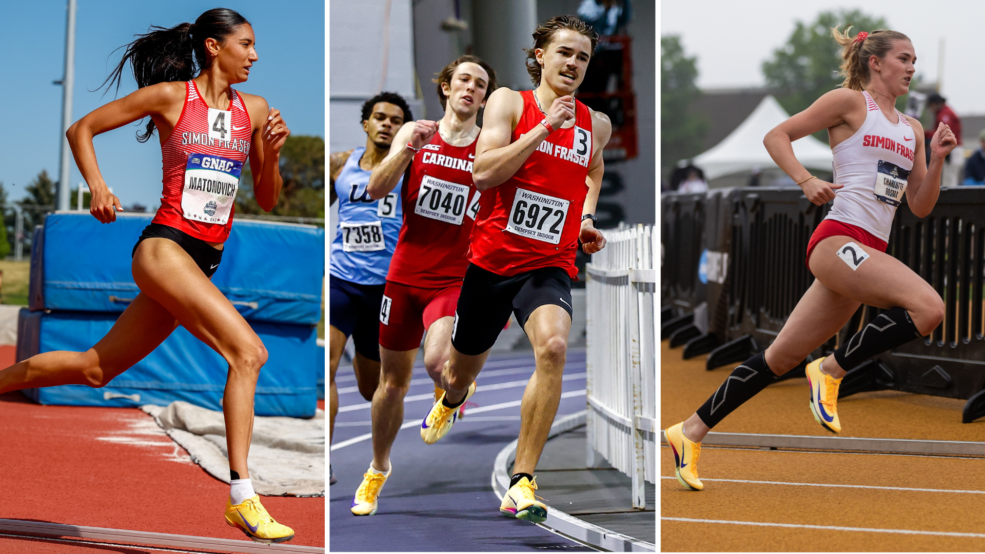 Three side-by-side action photos of Riaya Matonovich, Zachary Jeggo and Charlotte Bosma running