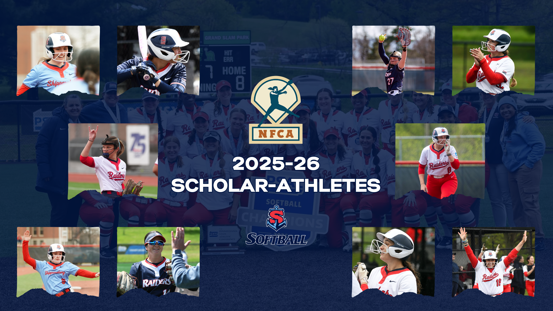 A graphic showing the 10 Raiders who received NFCA Scholar Athlete designations for 2025-26