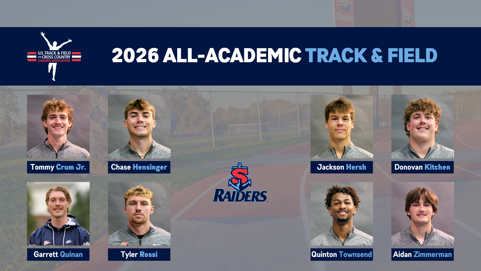 A graphic showing eight Raiders who earned 2026 USTFCCCA Men's All-Academic T&F honors