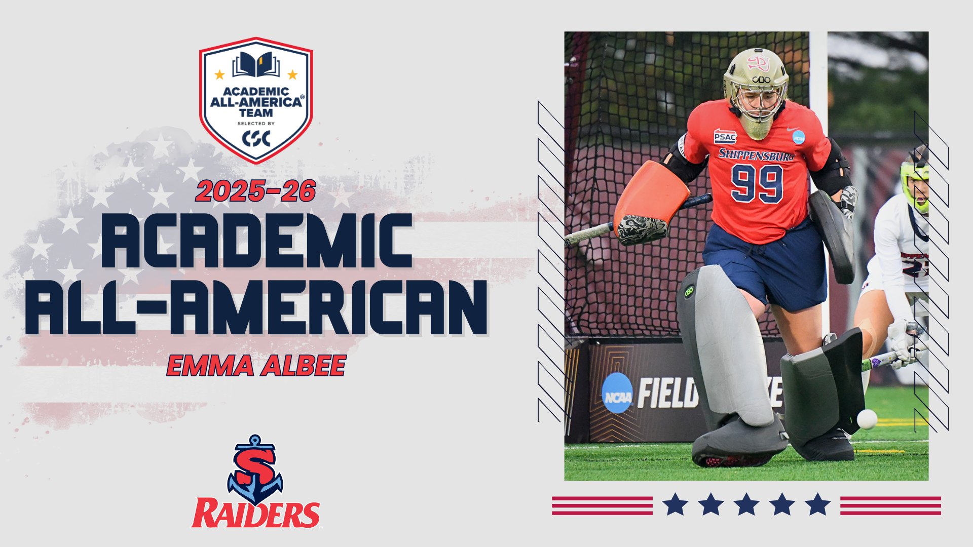 A graphic to show that Emma Albee earned Academic All-America Second Team honors in 2025-26